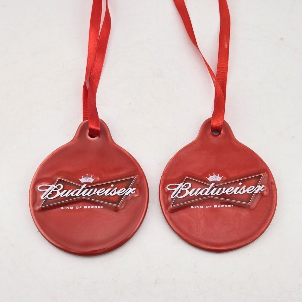 Budweiser King of Beers Christmas Ornament Lot of 2 Red Bowtie Logo Ceramic